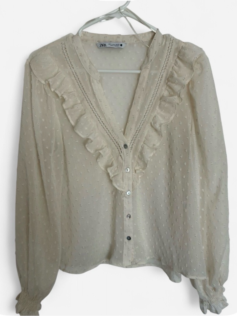 ZARA Cream Ruffle V-Neck Dot Blouse